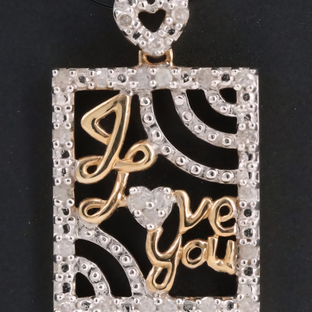 0.15tcw Natural Diamond, Gold and Silver 'I Love You' Pendant on Silver Chain